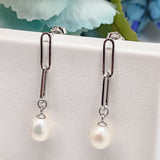 Sterling Silver paperclip with pearl dangle Earrings