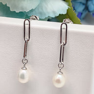 Sterling Silver paperclip with pearl dangle Earrings